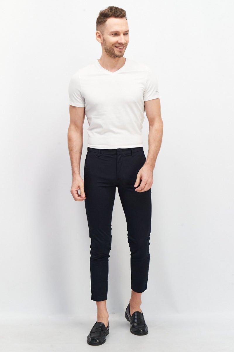 Men Slim Fit Plain Chino Pants, Navy Blue