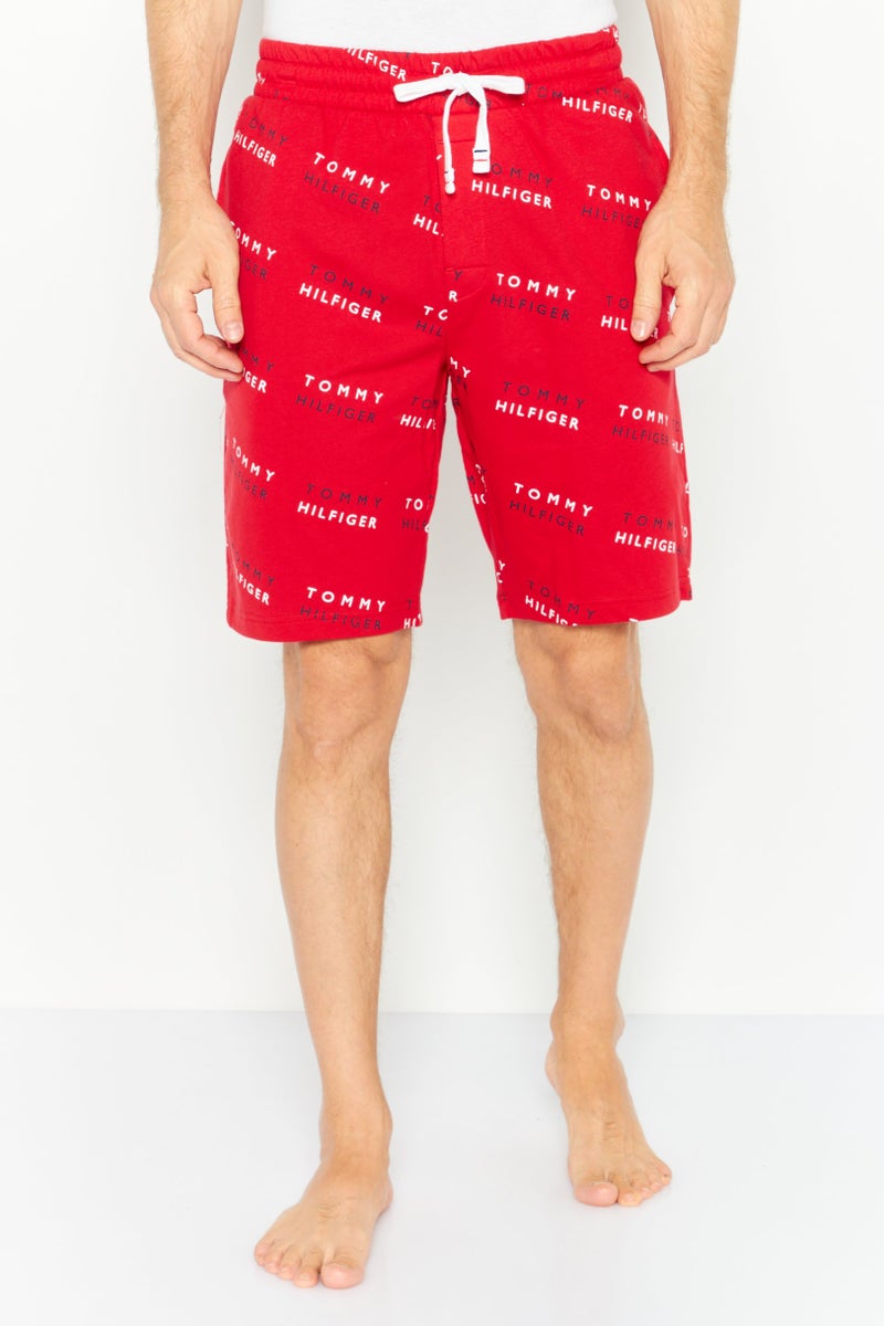 Men Brand Logo Drawstring Pajama Short, Red Combo