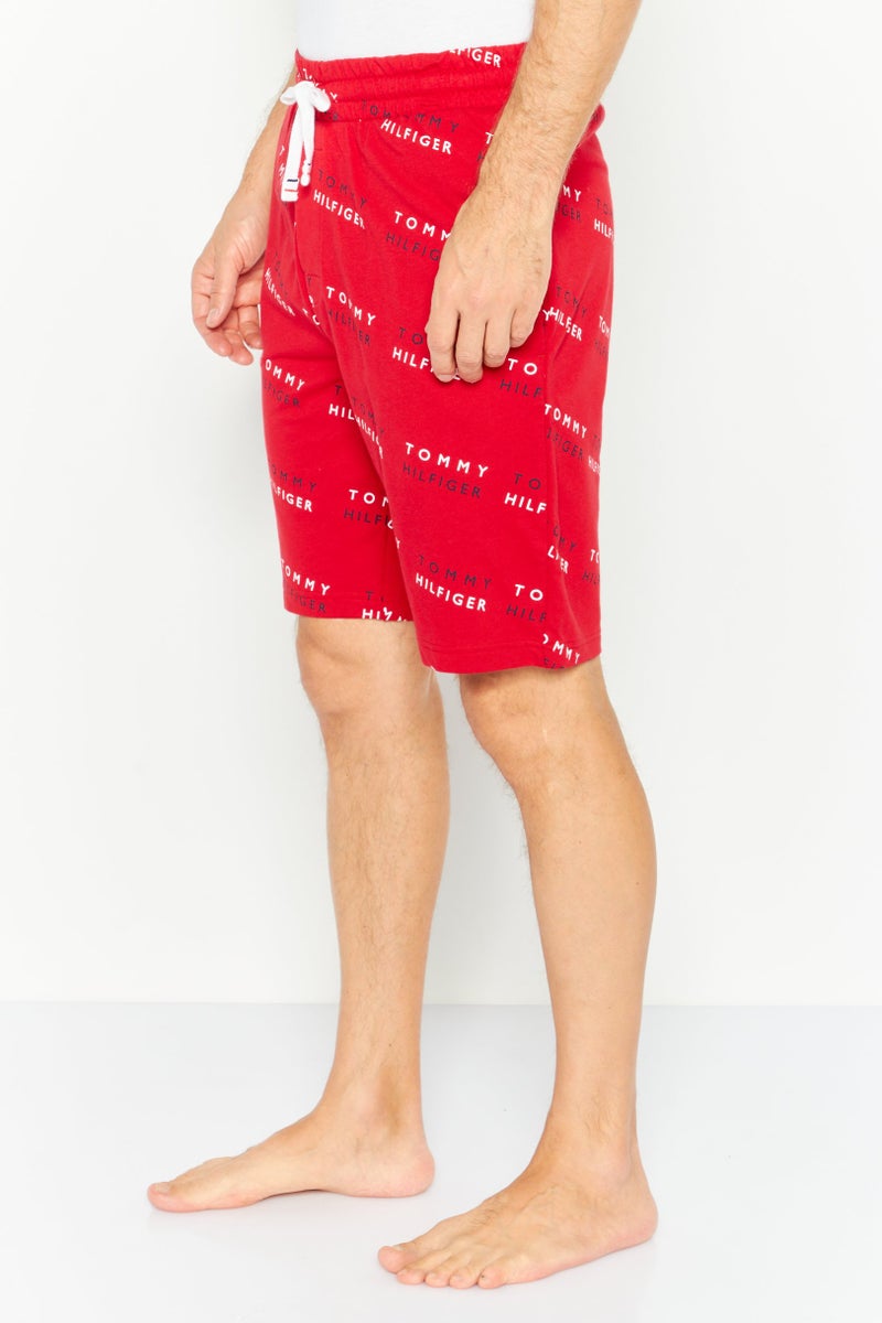 Men Brand Logo Drawstring Pajama Short, Red Combo