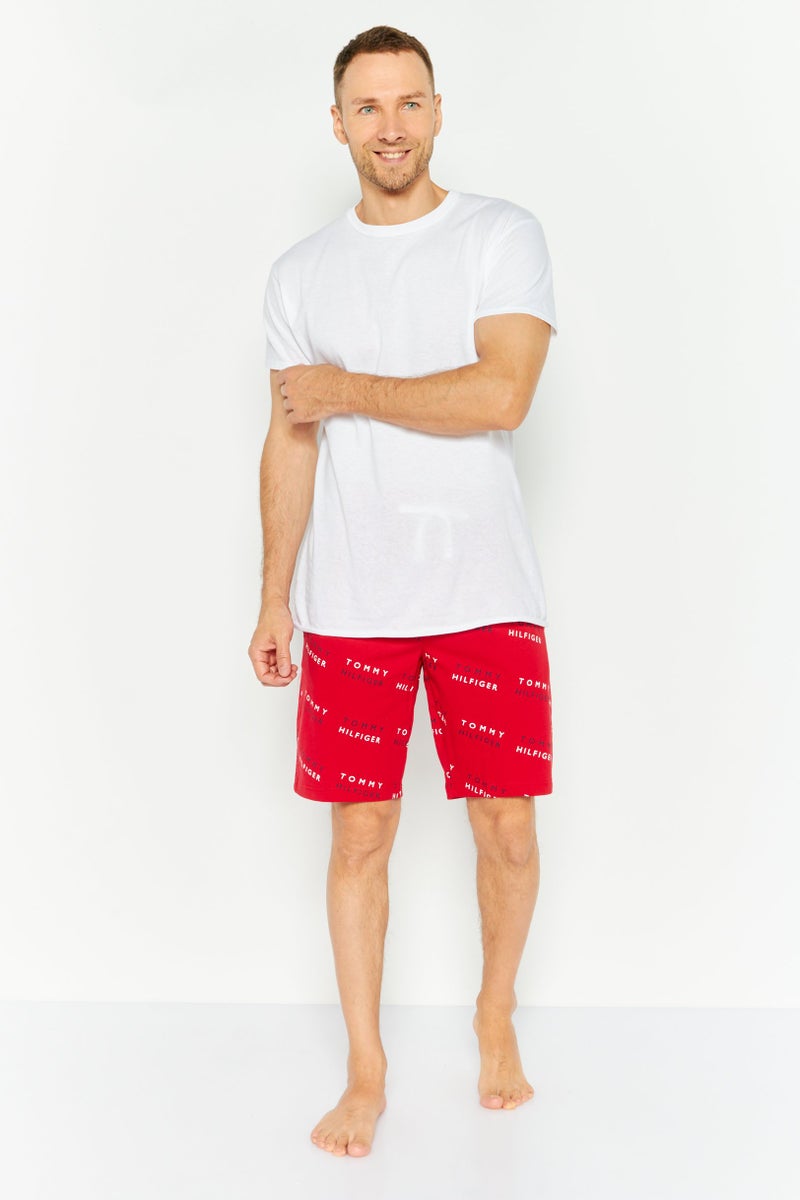 Men Brand Logo Drawstring Pajama Short, Red Combo