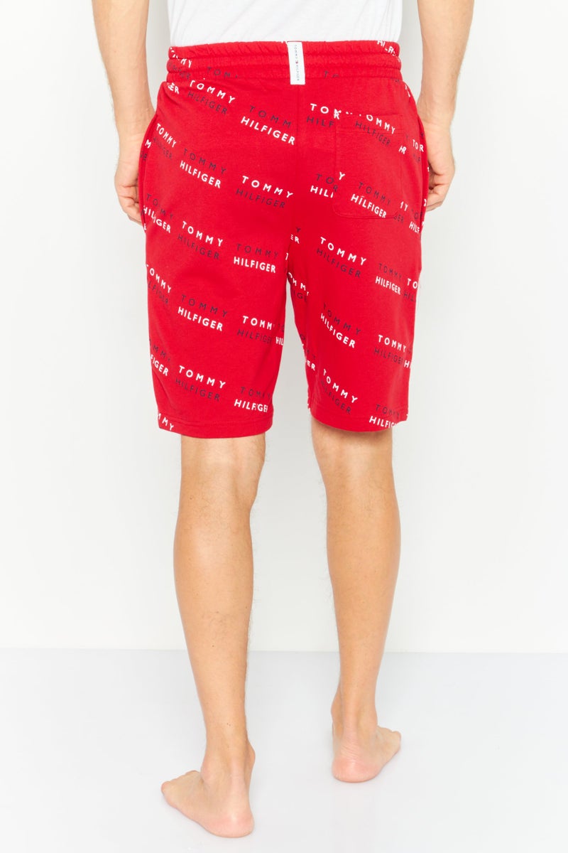 Men Brand Logo Drawstring Pajama Short, Red Combo