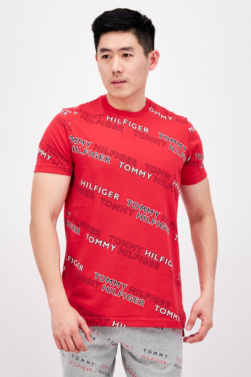 Men Short Sleeves Printed Pajama Top, Red Combo