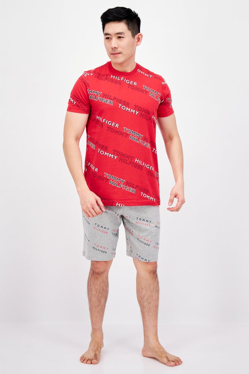 Men Short Sleeves Printed Pajama Top, Red Combo