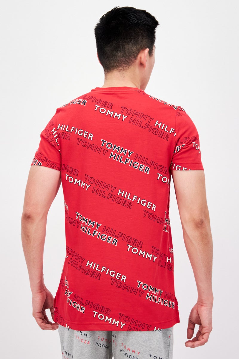 Men Short Sleeves Printed Pajama Top, Red Combo