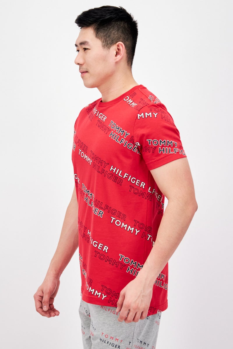 Men Short Sleeves Printed Pajama Top, Red Combo