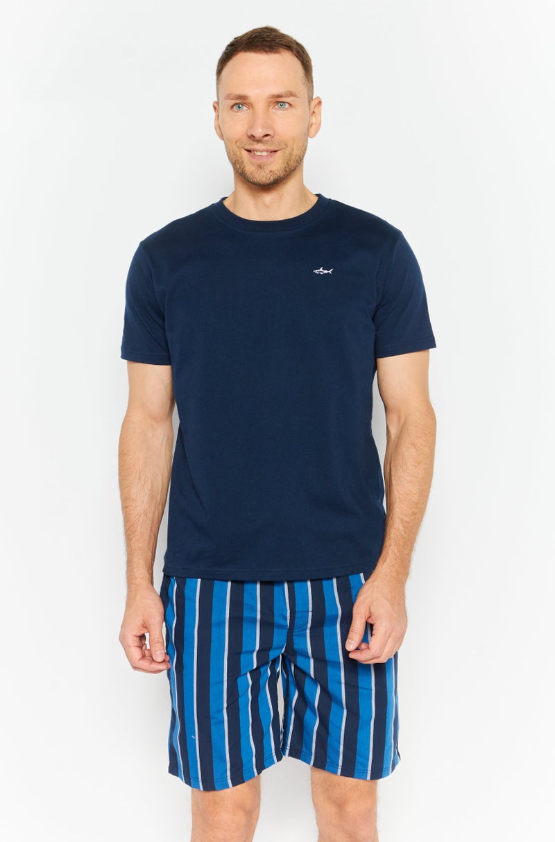 Men 2 Pieces Embroidered Logo Top And Pajama Short Set, Navy Blue Combo