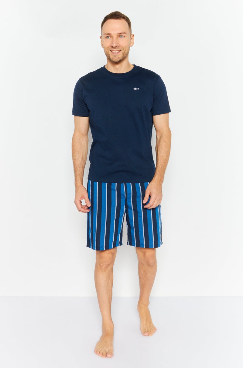 Men 2 Pieces Embroidered Logo Top And Pajama Short Set, Navy Blue Combo