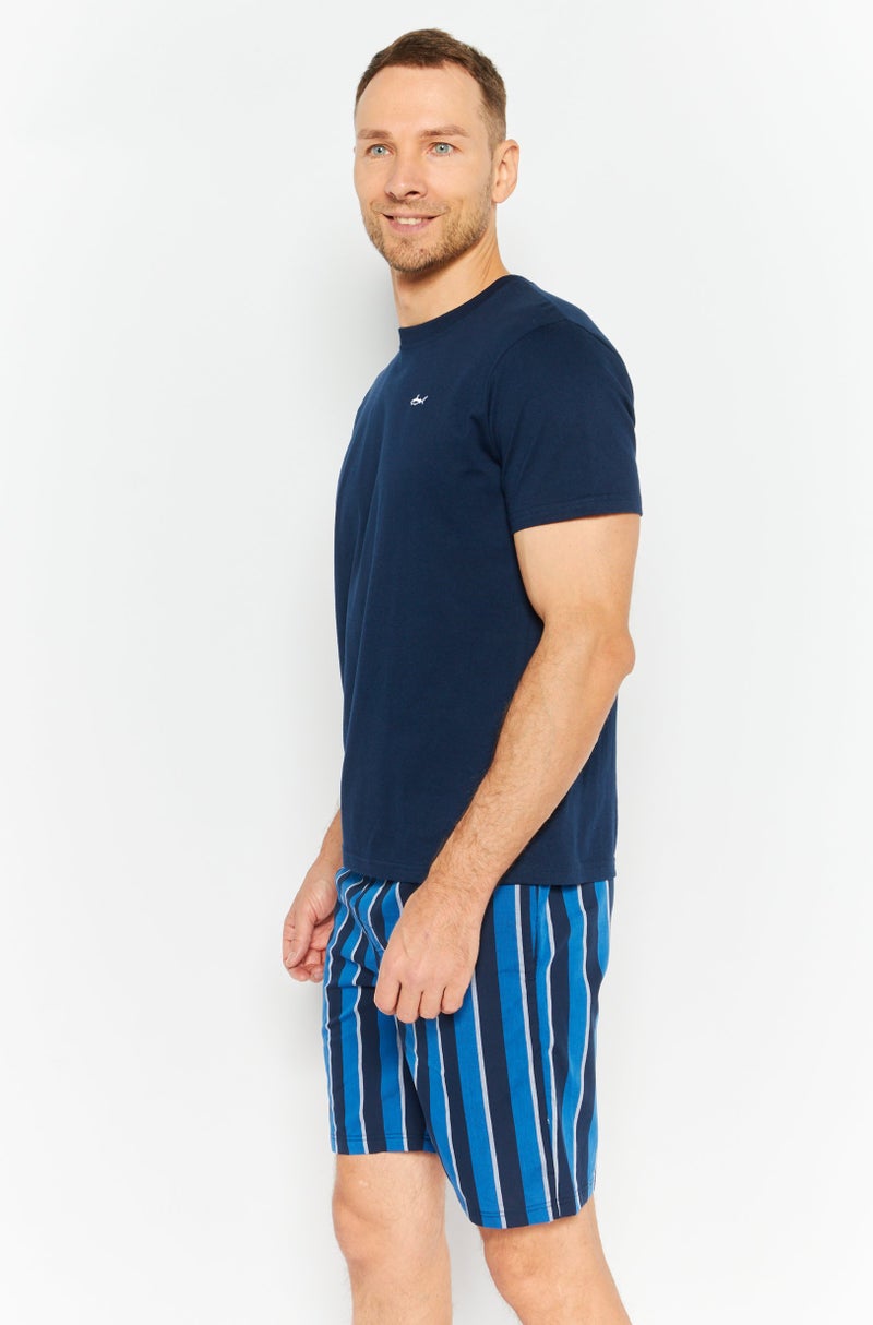 Men 2 Pieces Embroidered Logo Top And Pajama Short Set, Navy Blue Combo