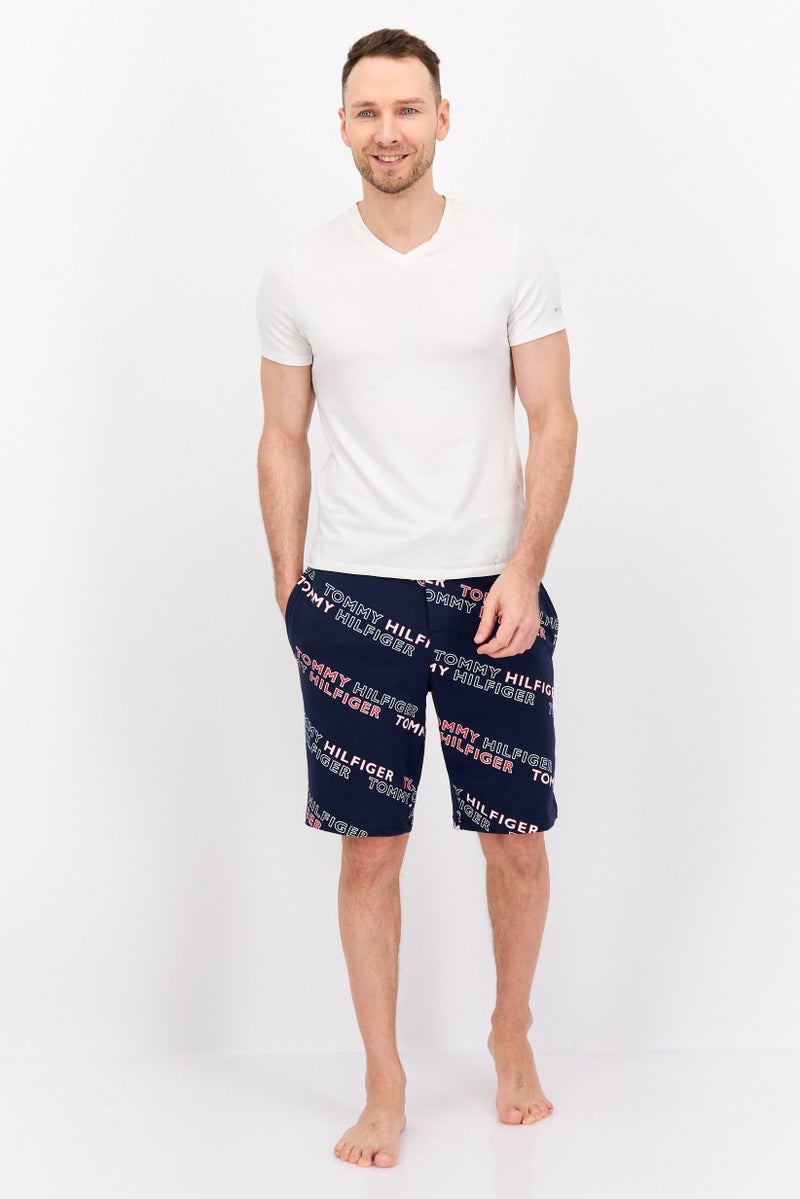 Men Brand Logo Drawstring Pajama Bottom, Navy Blue