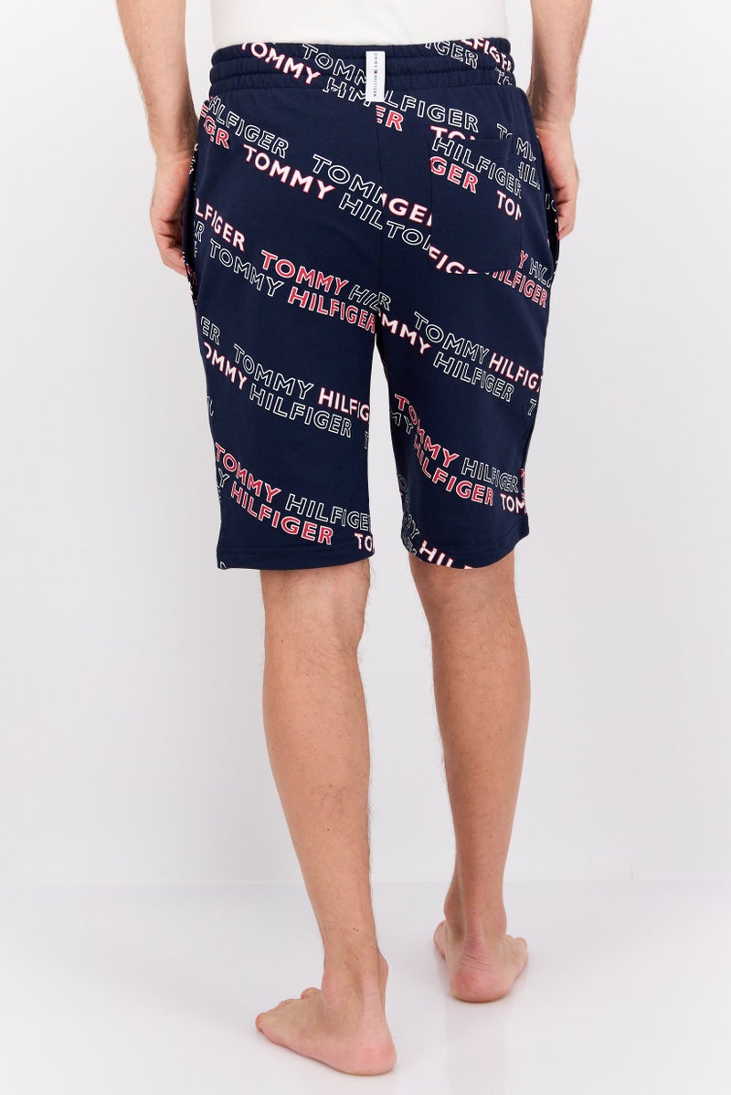 Men Brand Logo Drawstring Pajama Bottom, Navy Blue