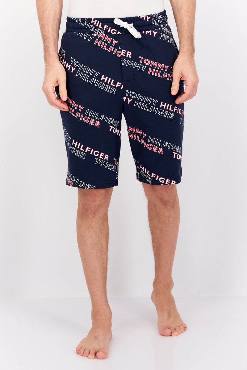 Men Brand Logo Drawstring Pajama Bottom, Navy Blue