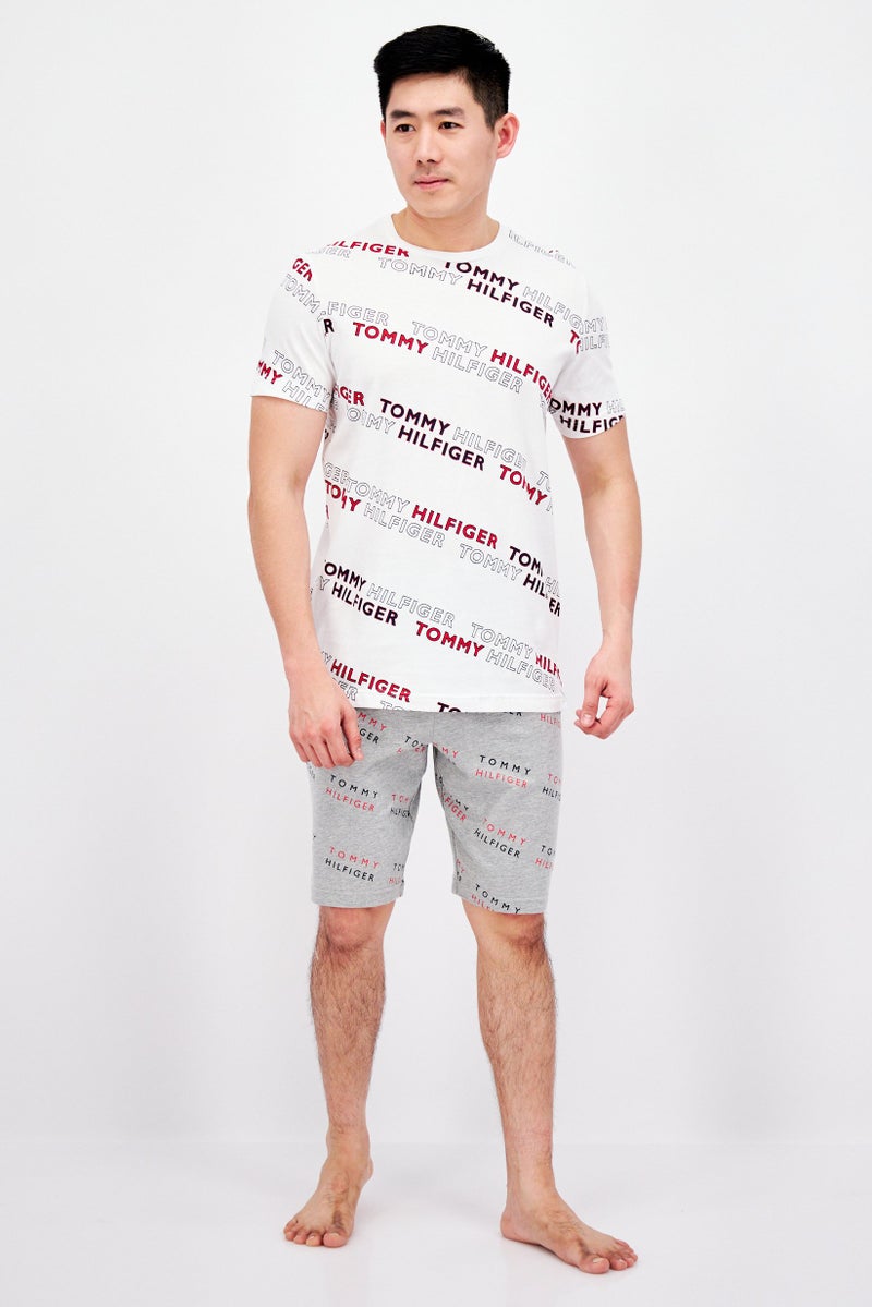 Men Brand Logo Short Sleeve Pajama Top, White Combo