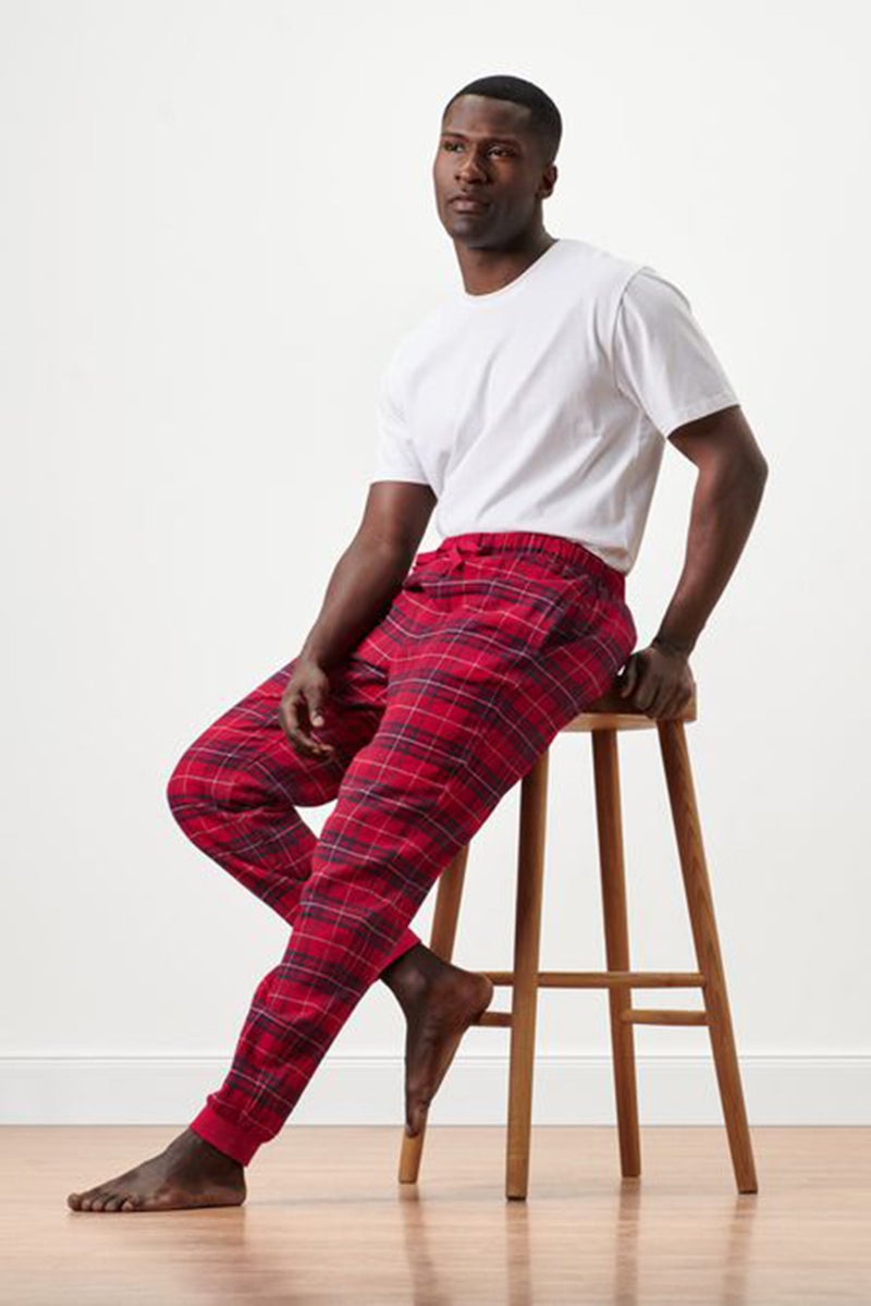 Men Drawstring Plaid Pajama Pants, Red Combo