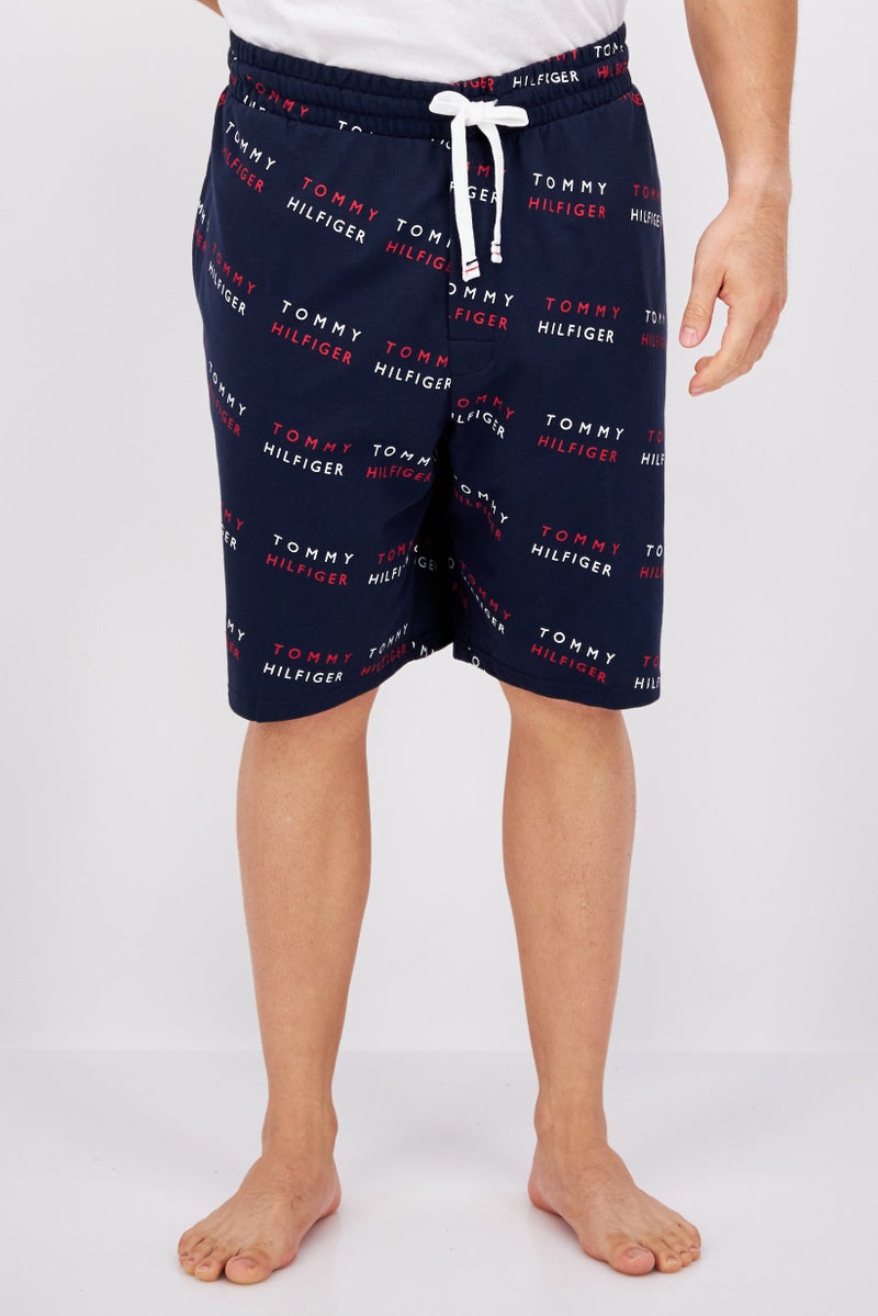 Men Drawstring Printed Pajama Shorts, Navy Combo