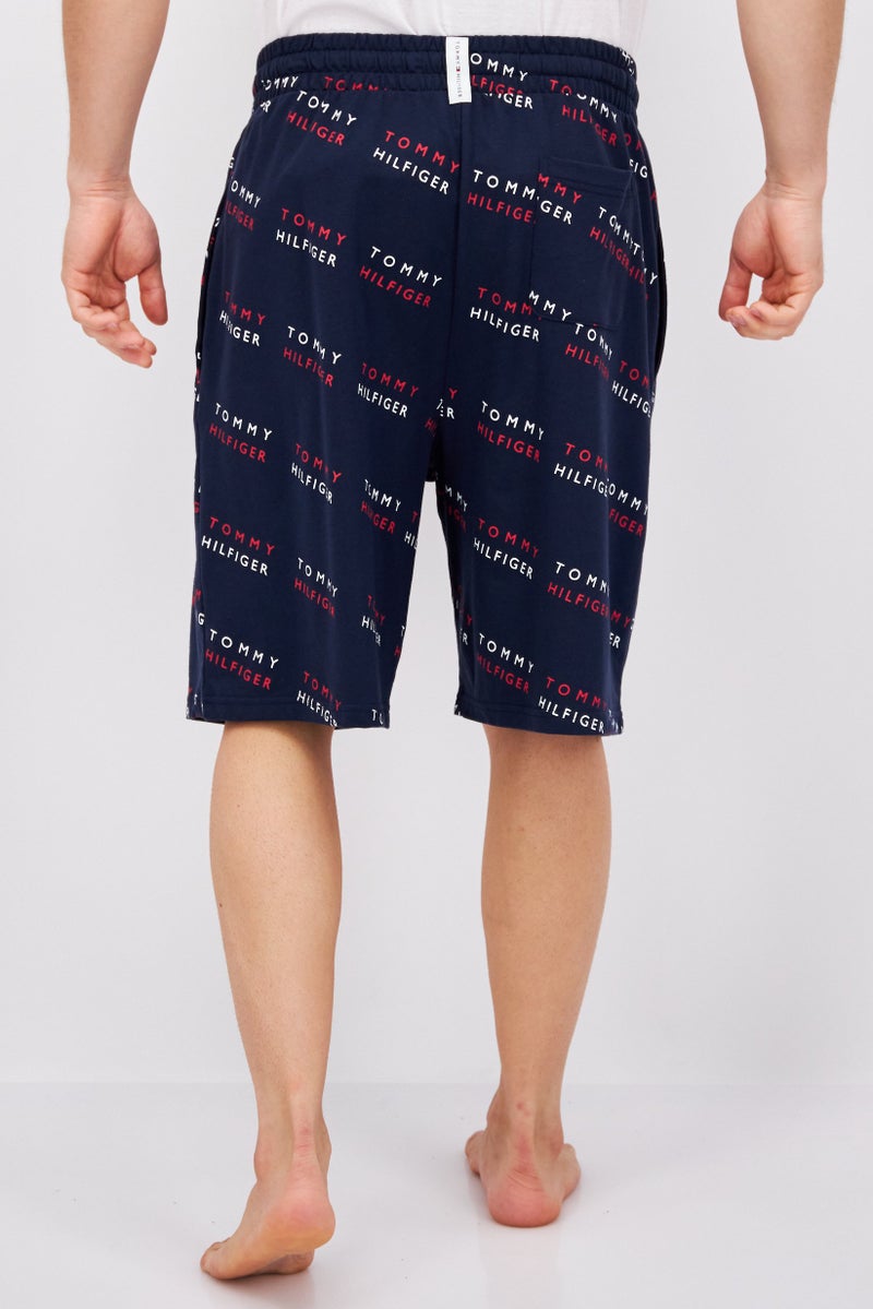 Men Drawstring Printed Pajama Shorts, Navy Combo