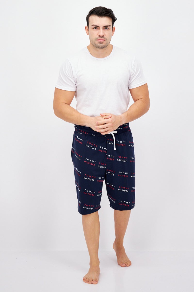 Men Drawstring Printed Pajama Shorts, Navy Combo