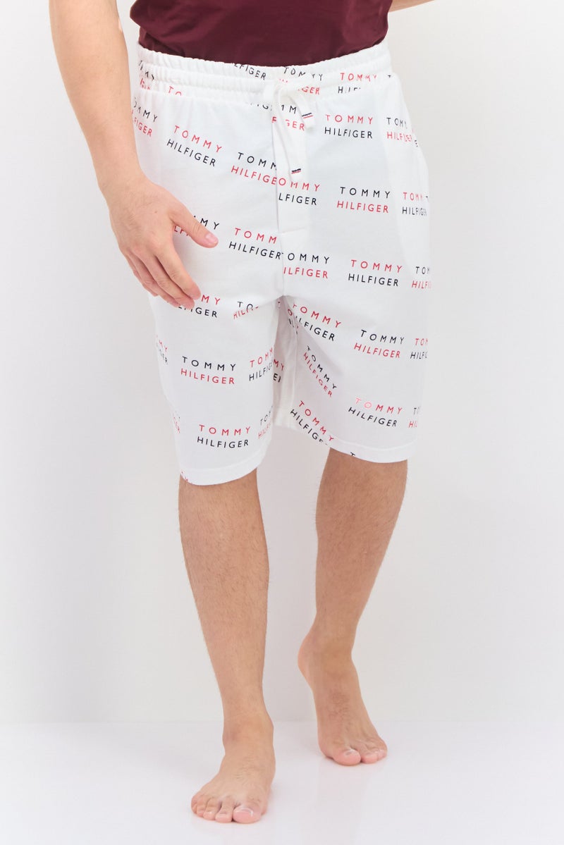 Men Allover Print Drawstring Pajama Shorts, White