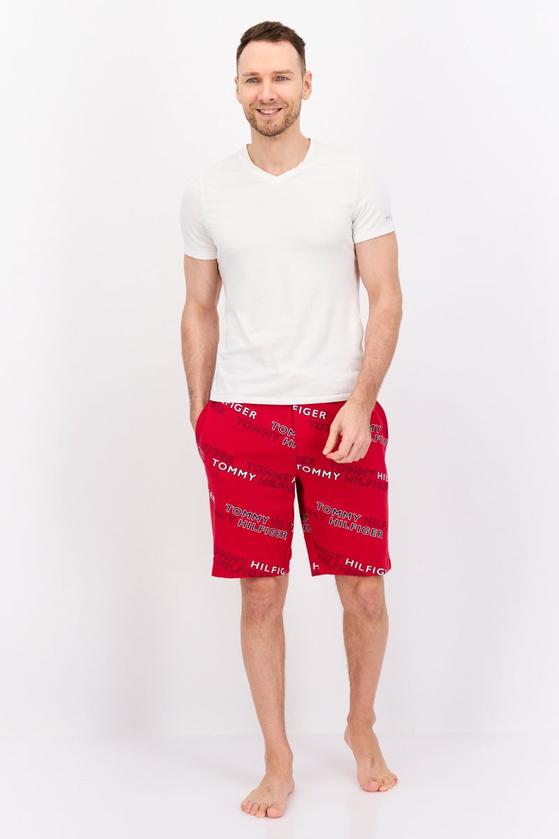 Men Brand Logo Drawstring Pajama Bottom, Red Combo