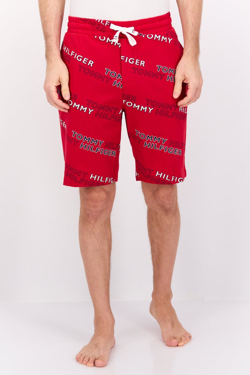 Men Brand Logo Drawstring Pajama Bottom, Red Combo