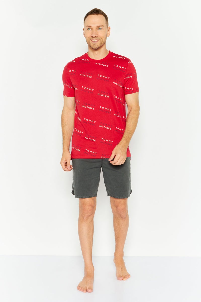 Men Short Sleeves Printed Pajama Top, Red Combo