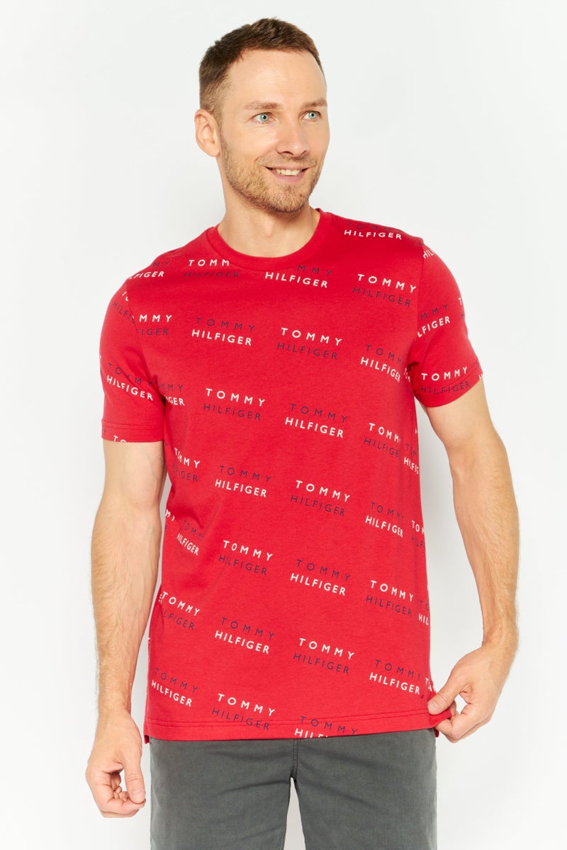 Men Short Sleeves Printed Pajama Top, Red Combo