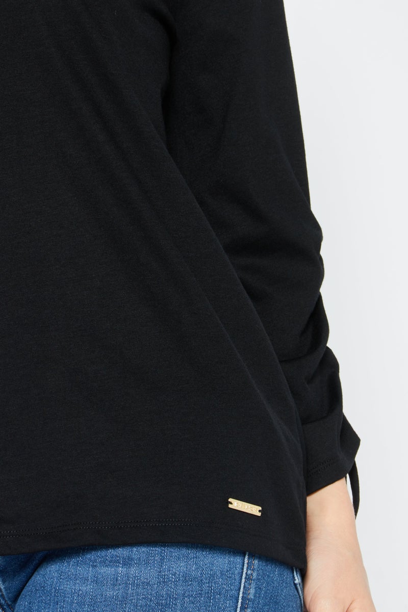 Women Crew Neck Long Sleeve Solid Top, Black