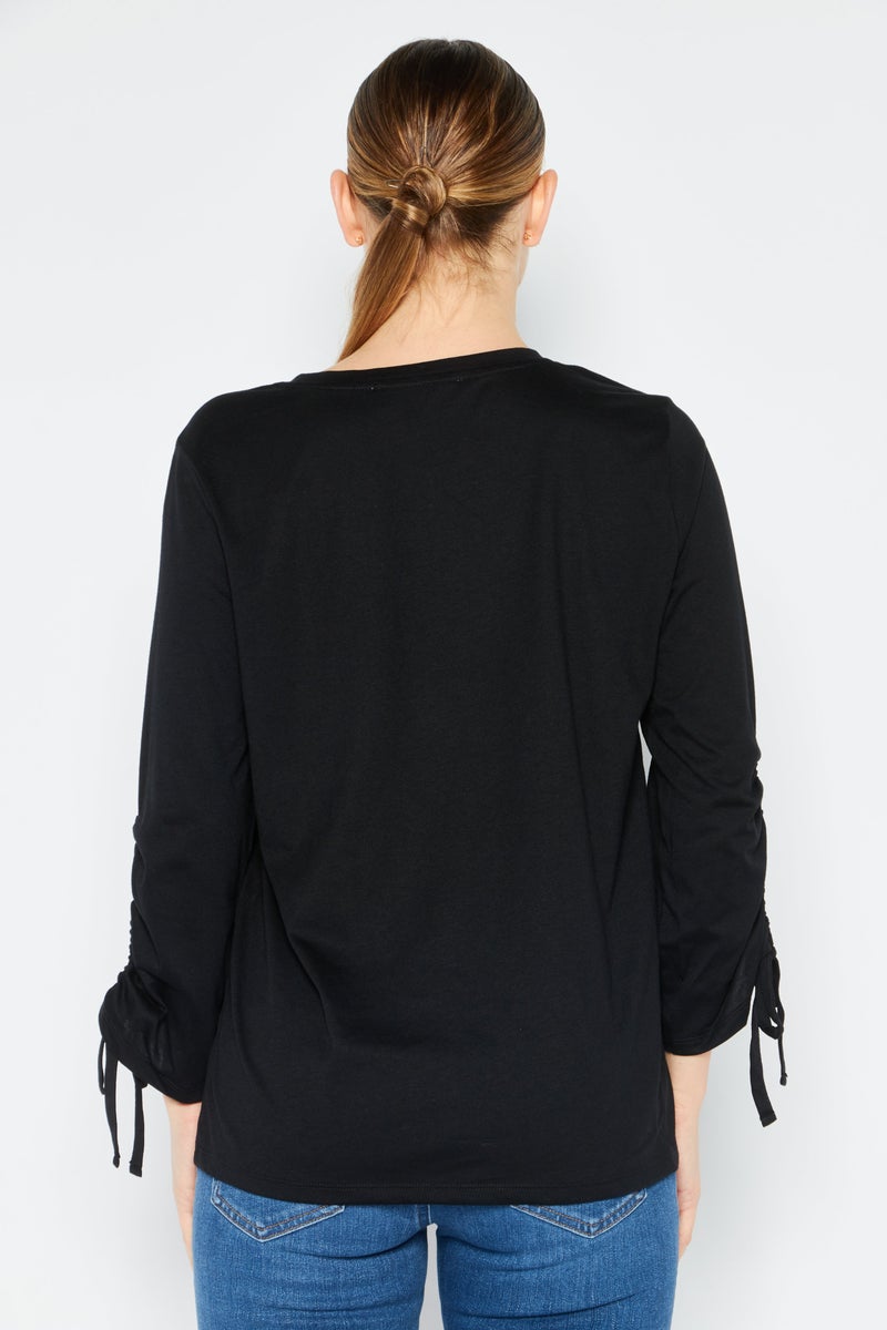 Women Crew Neck Long Sleeve Solid Top, Black