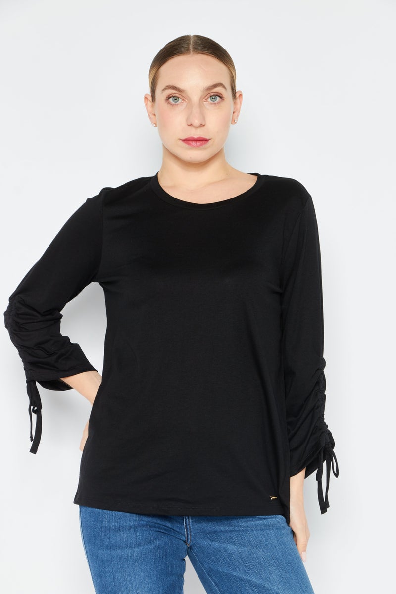 Women Crew Neck Long Sleeve Solid Top, Black