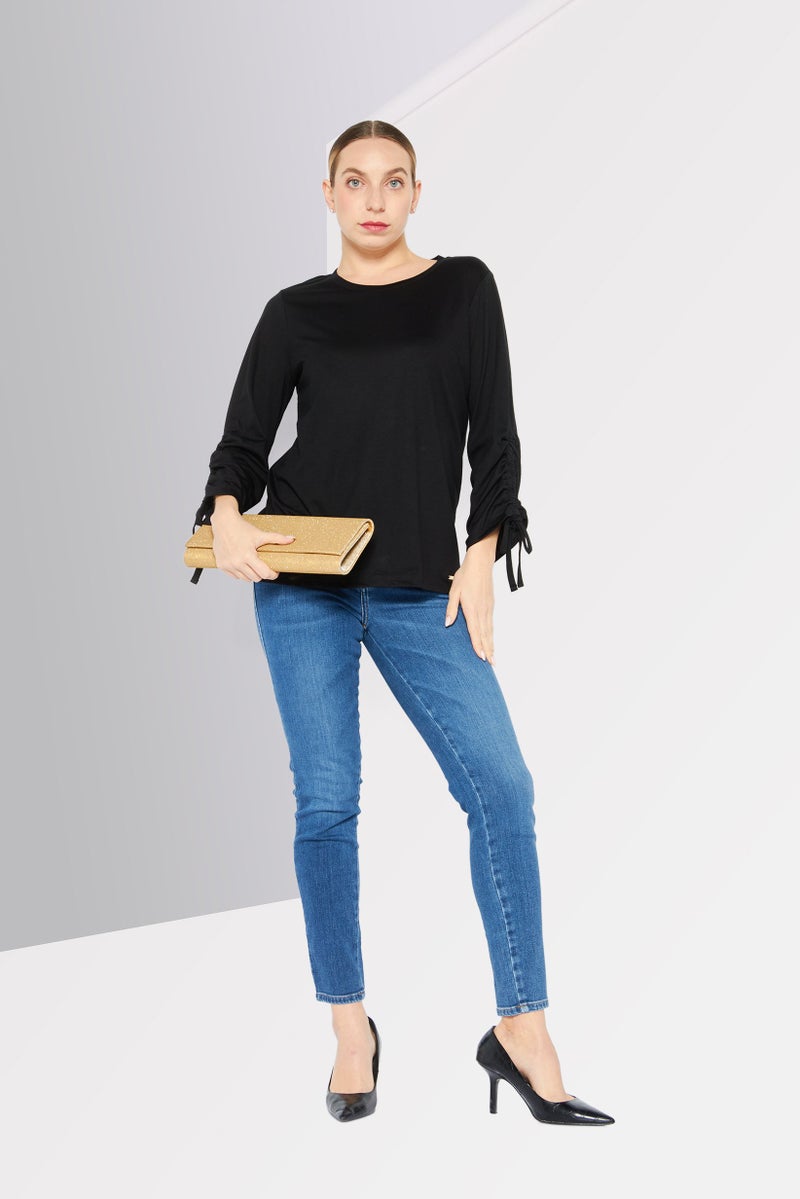 Women Crew Neck Long Sleeve Solid Top, Black