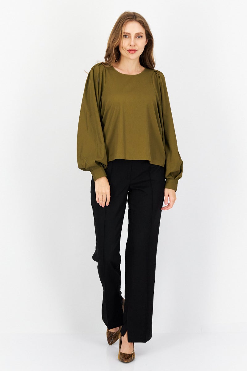 Women Bateau Neck Long Sleeves Solid Top, Olive