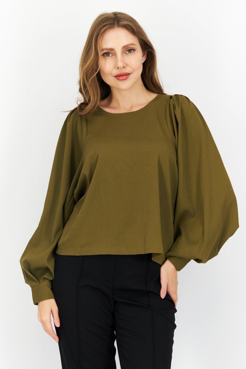 Women Bateau Neck Long Sleeves Solid Top, Olive