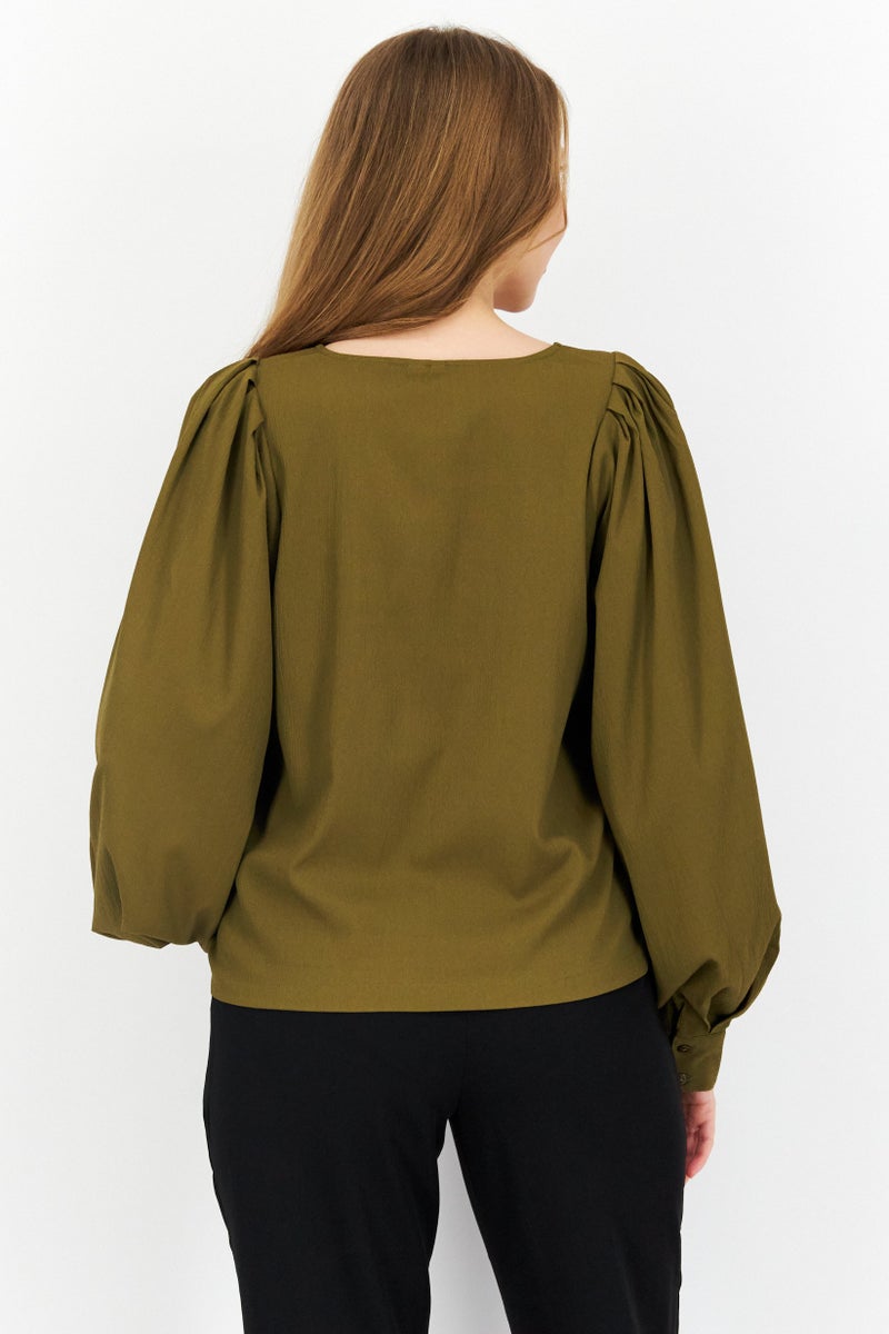 Women Bateau Neck Long Sleeves Solid Top, Olive