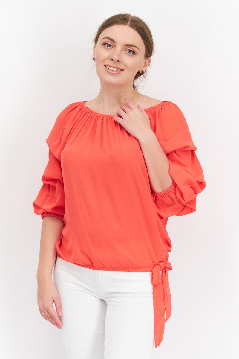 Women Boat Neck Long Sleeve Solid Top, Coral