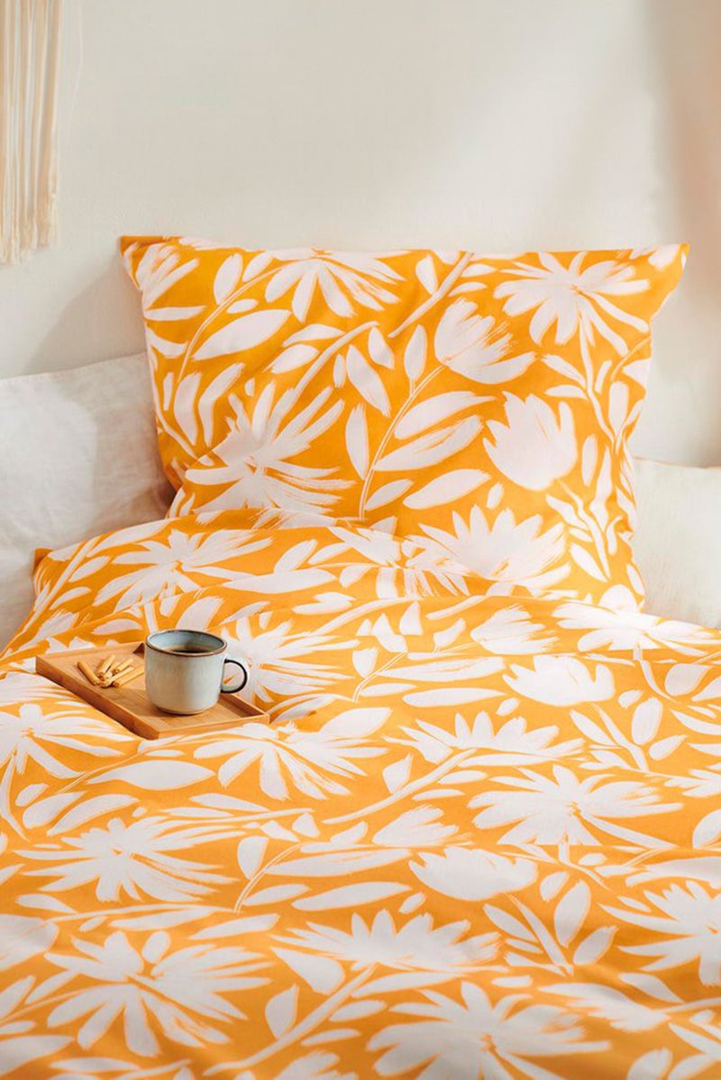 Single Premium Cotton Floral Print Duvet Set 135 x 200 cm, Yellow/White