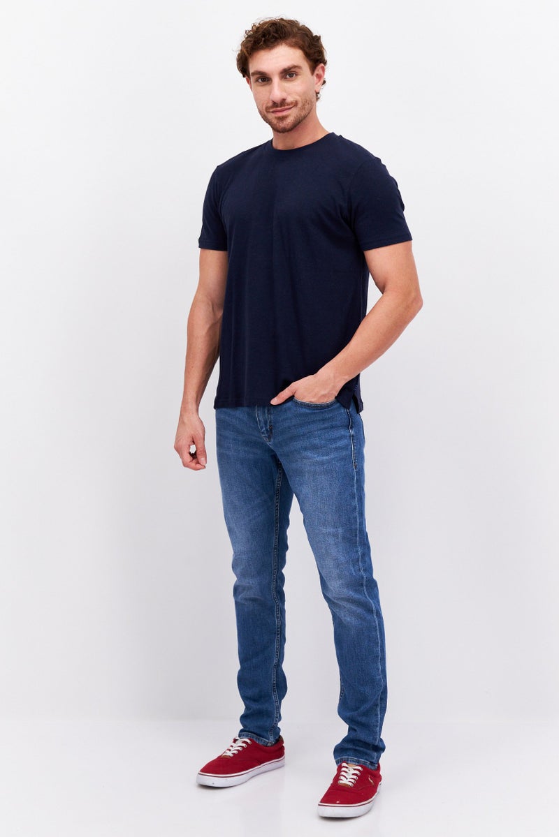 Men Regular Fit Crew Neck Short Sleeves Textured T-Shirt, Navy Blue