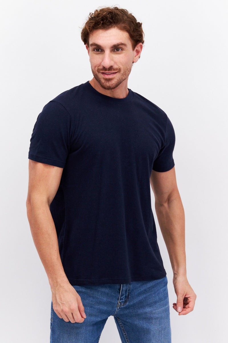 Men Regular Fit Crew Neck Short Sleeves Textured T-Shirt, Navy Blue