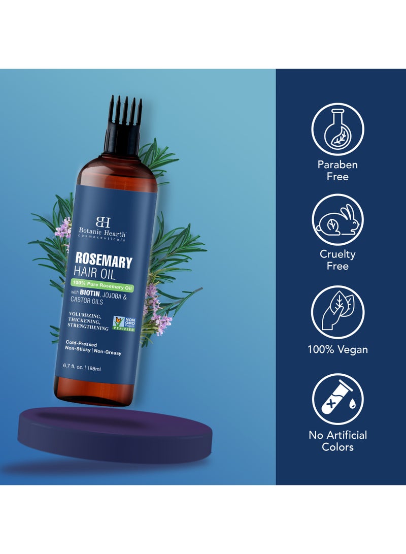 100% Pure Rosemary Oil | 198 ml | For Hair Growth Infused With Biotin | Hair Strenghtening Treatment | Nourishing & Volumizing | With Jojoba Oil & Castor Oil | Non GMO Verified |