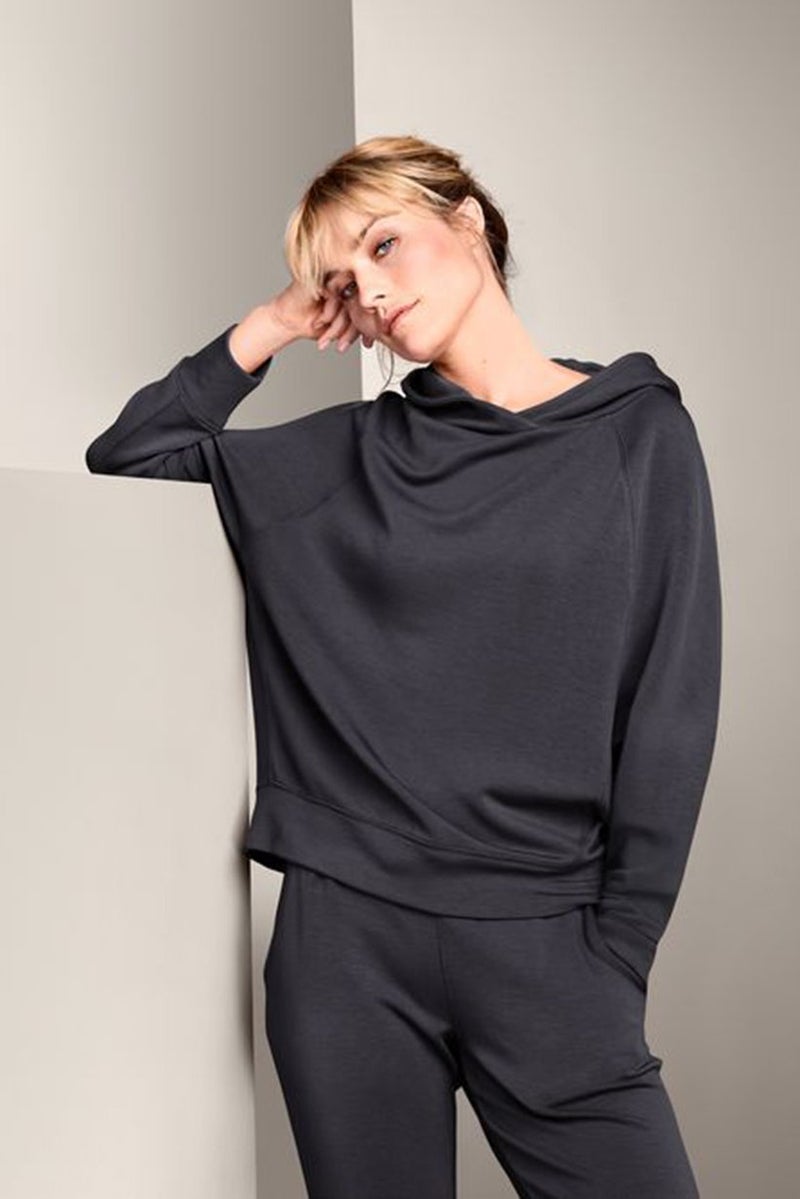 Women Solid Hooded Sweatshirt, Black Wash
