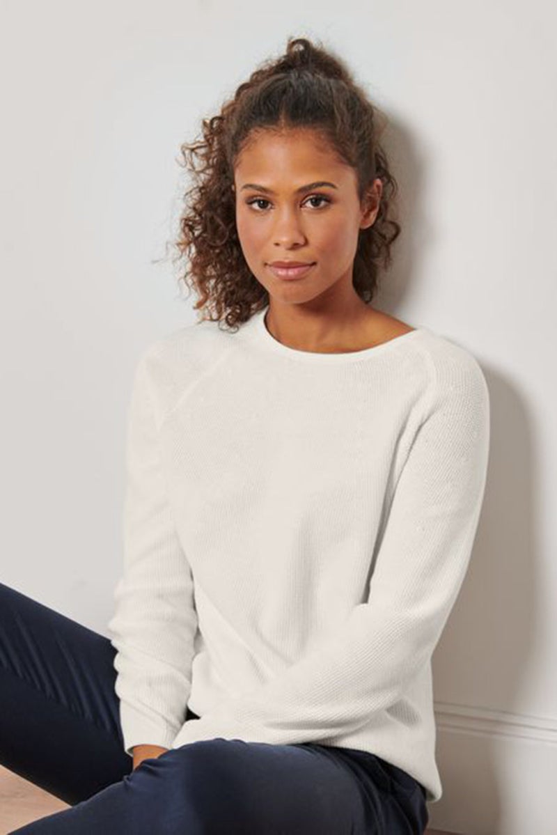 Women Round Neck Textured Long Sleeve Sweatshirt, White