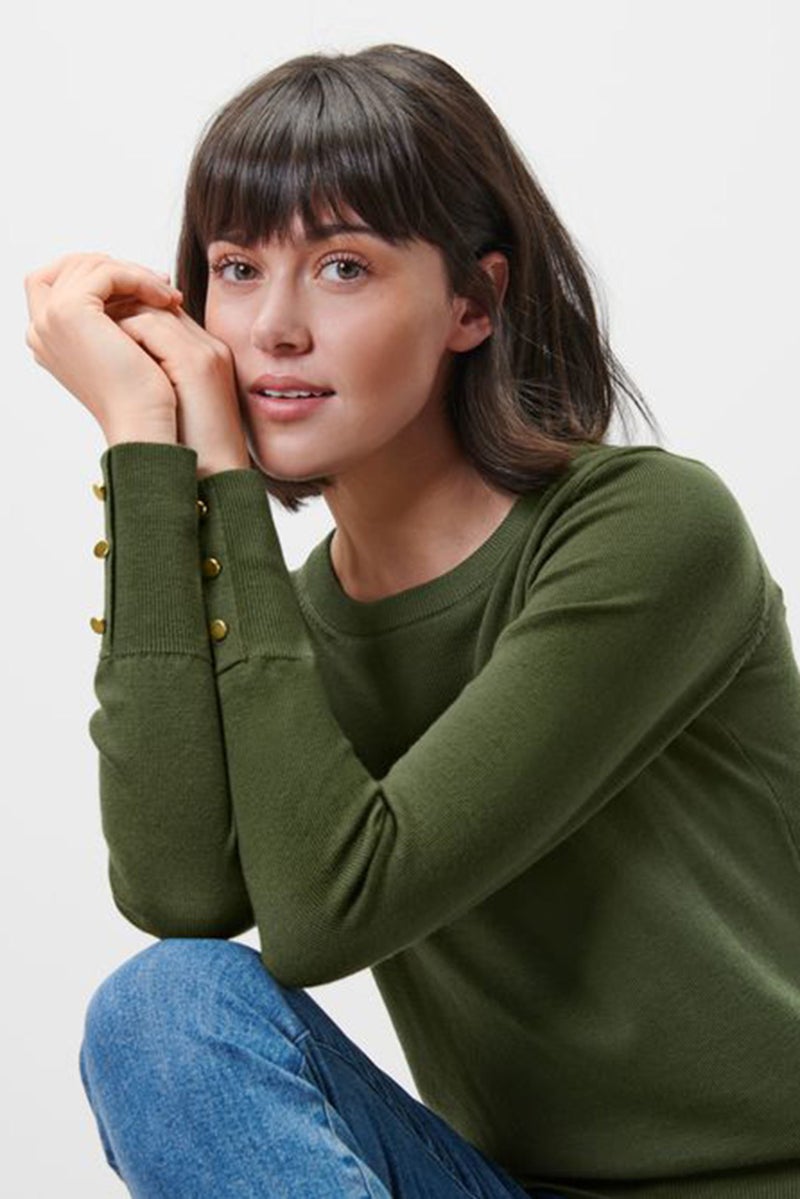 Women Crew Neck Long Sleeve Knitted Sweatshirt, Dark Green