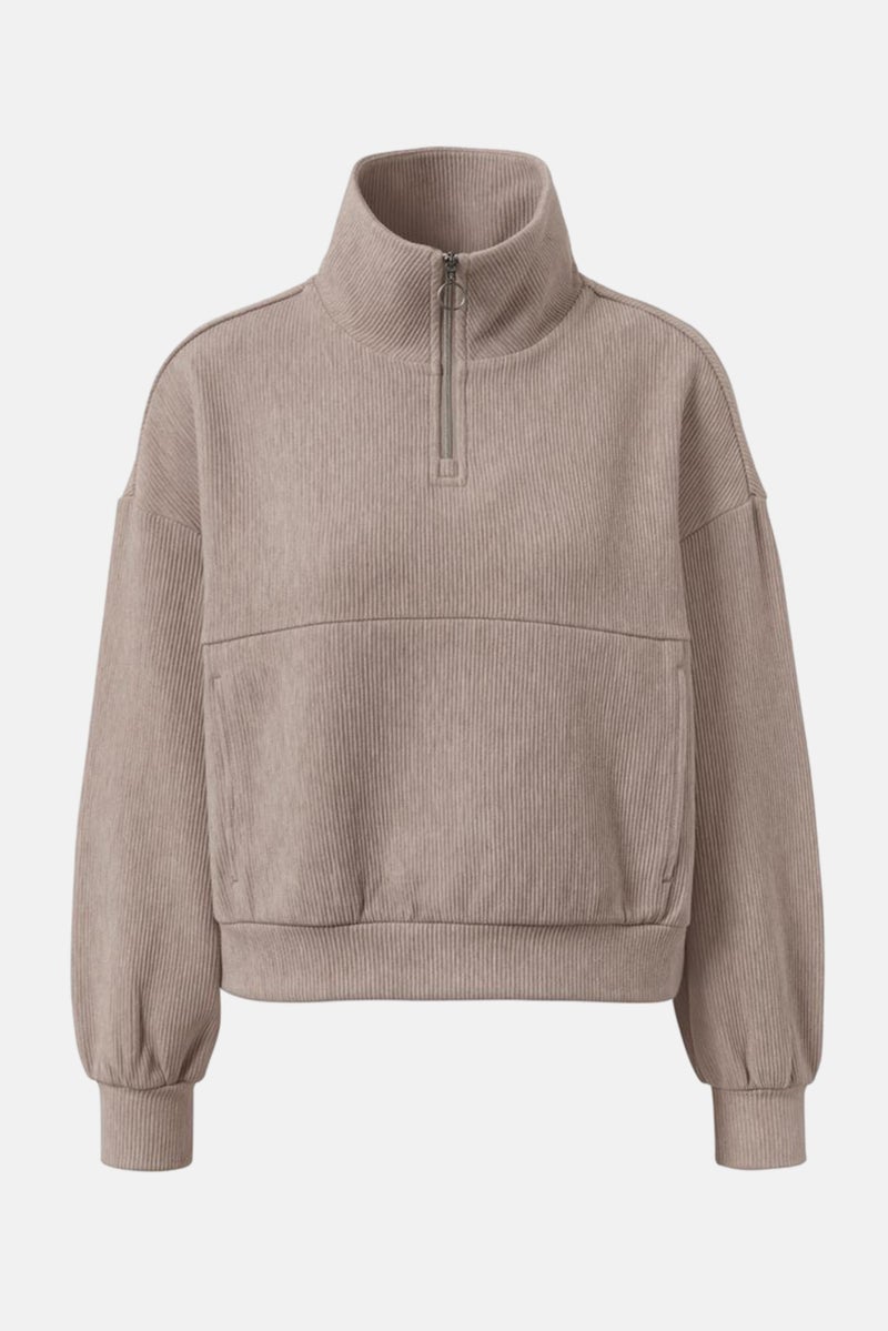 Women Regular Fit Long Sleeves Ribbed Sweatshirt, Beige
