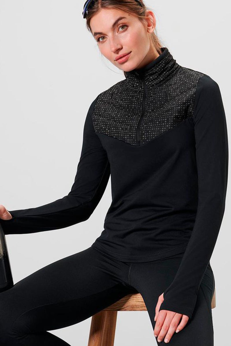 Women Mock Neck Half Zipper Textured Sweatshirt, Black