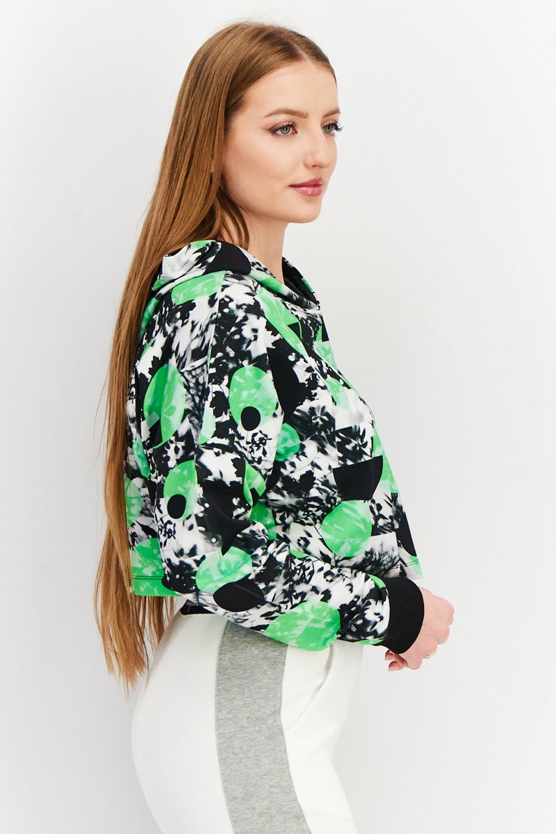 Women Sportswear Fit  Hooded Neck Abstract Printed Sweatshirt, Green Combo