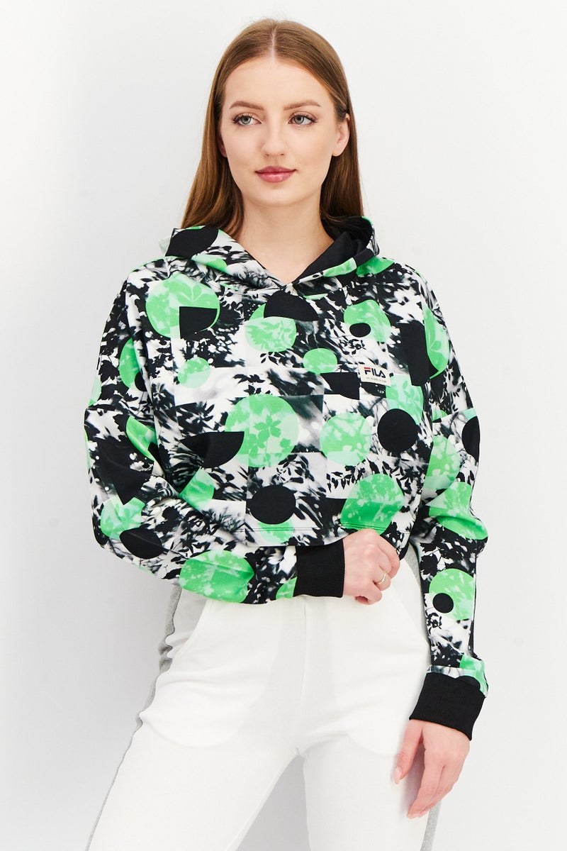 Women Sportswear Fit  Hooded Neck Abstract Printed Sweatshirt, Green Combo