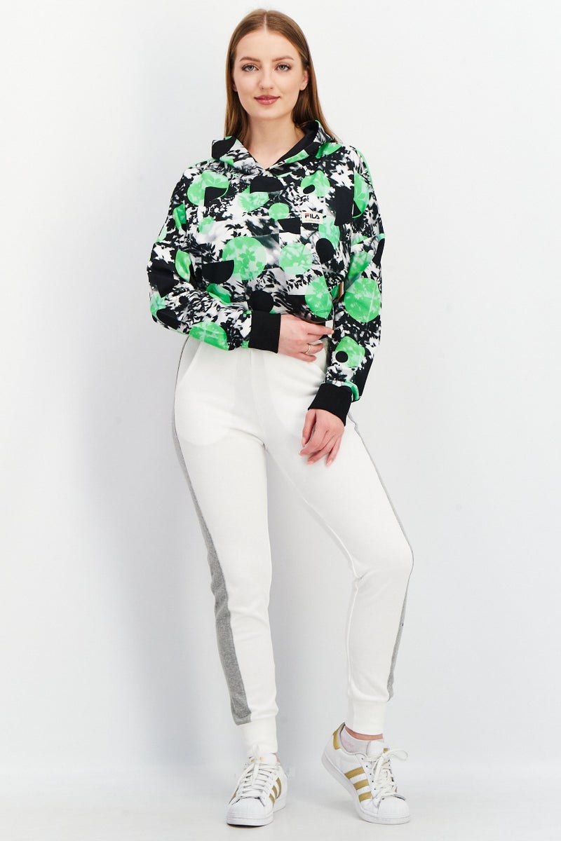 Women Sportswear Fit  Hooded Neck Abstract Printed Sweatshirt, Green Combo