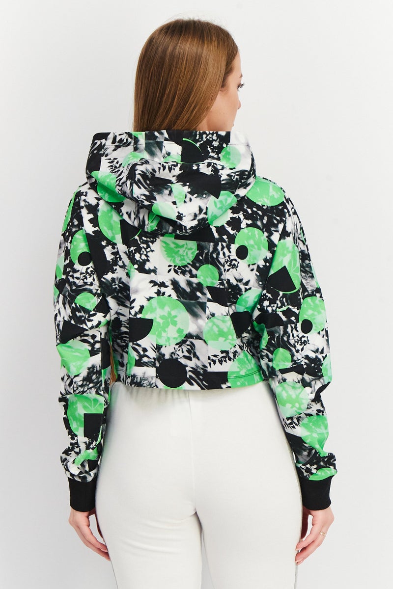 Women Sportswear Fit  Hooded Neck Abstract Printed Sweatshirt, Green Combo