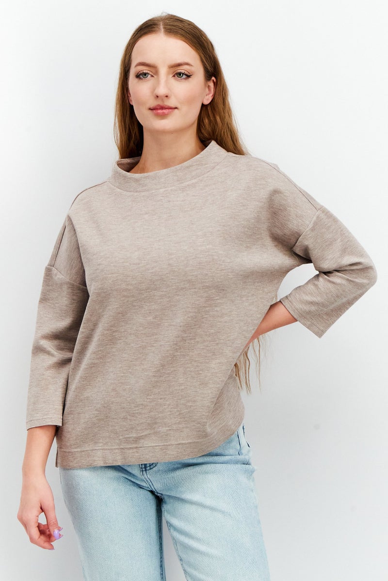 Women Comfort Fit Crew Neck Heather Sweatshirt, Brown