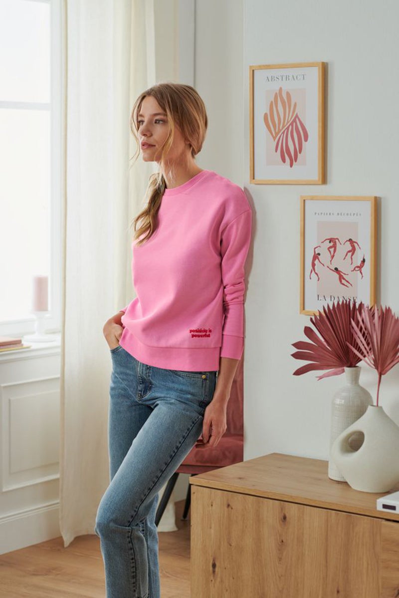 Women Crew Neck Long Sleeves Embroidered Sweatshirts, Pink