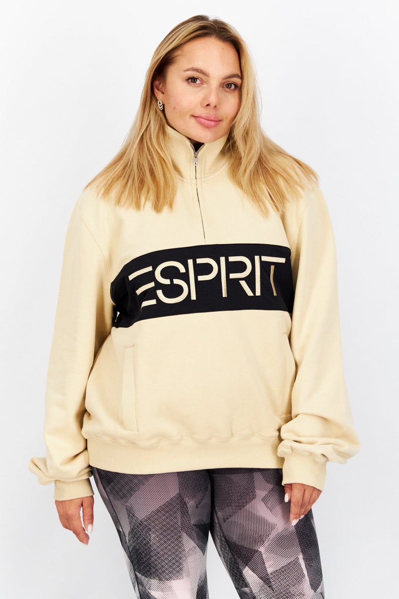 Women High Neck Brand Logo  Sweatshirt, Beige /Black