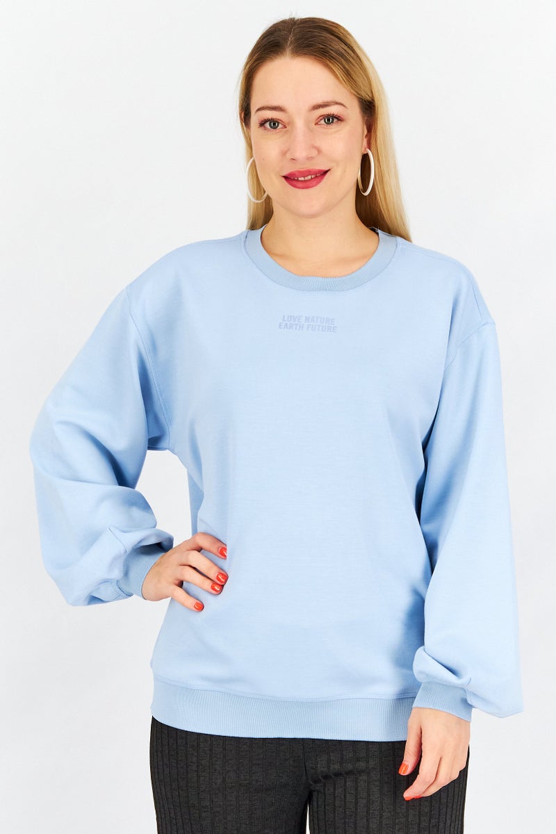 Women Crew Neck Graphic Sweatshirt, Blue